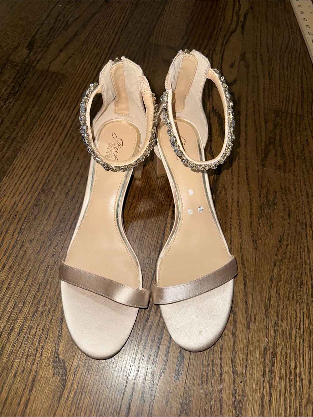 Jewel Badgley Mischka Crystal-Ankle Strap Satin Sandals in Champagne Block Heel